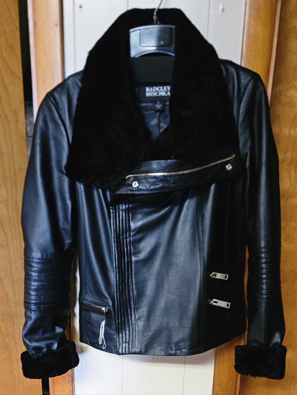 Badgley Mischka Black Sheep Fur Trim Leather Moto Jacket